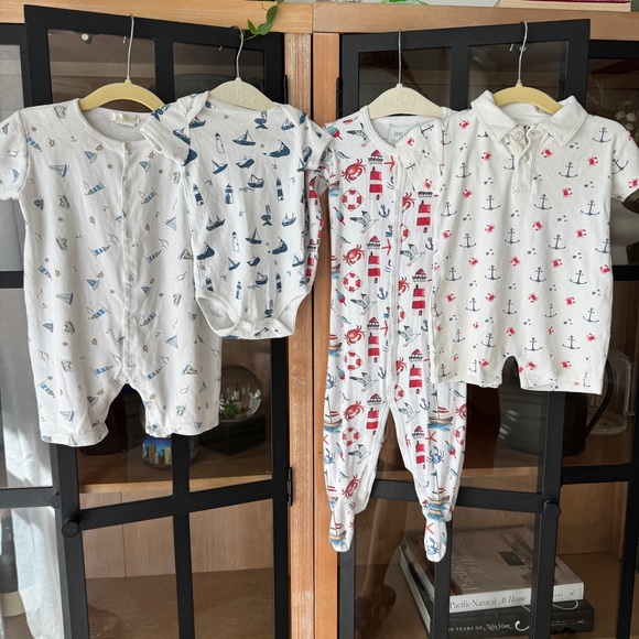 Lot of 4 Pima footies shortall romper onesie whales nautical nantucket crab baby